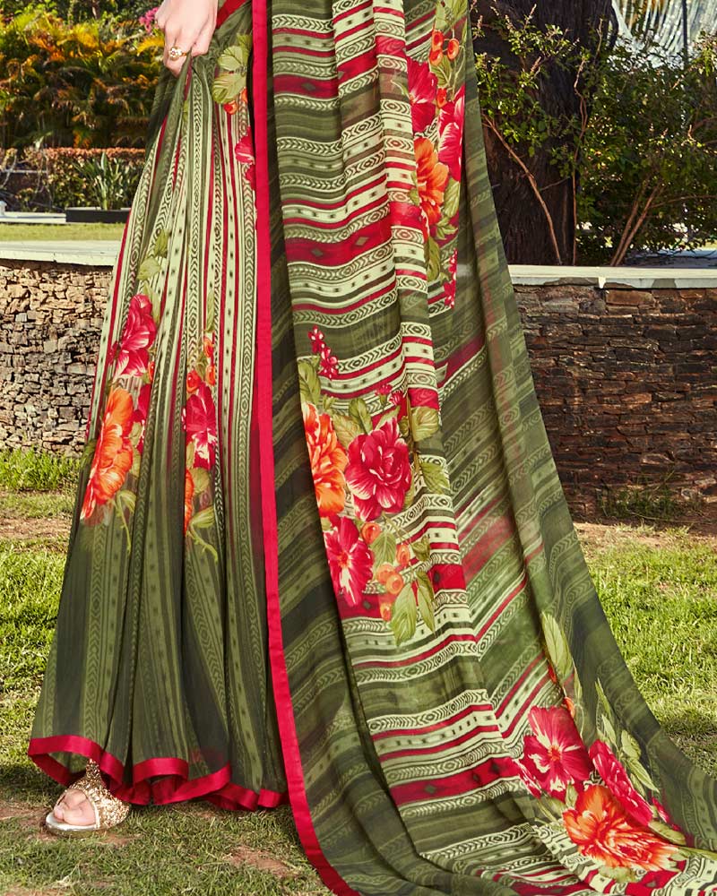 Vishal Prints Dark Beige Printed Georgette Saree With Piping
