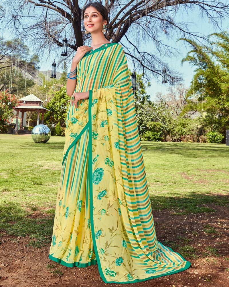 Vishal Prints Pastel Light Green Printed Georgette Saree With Piping
