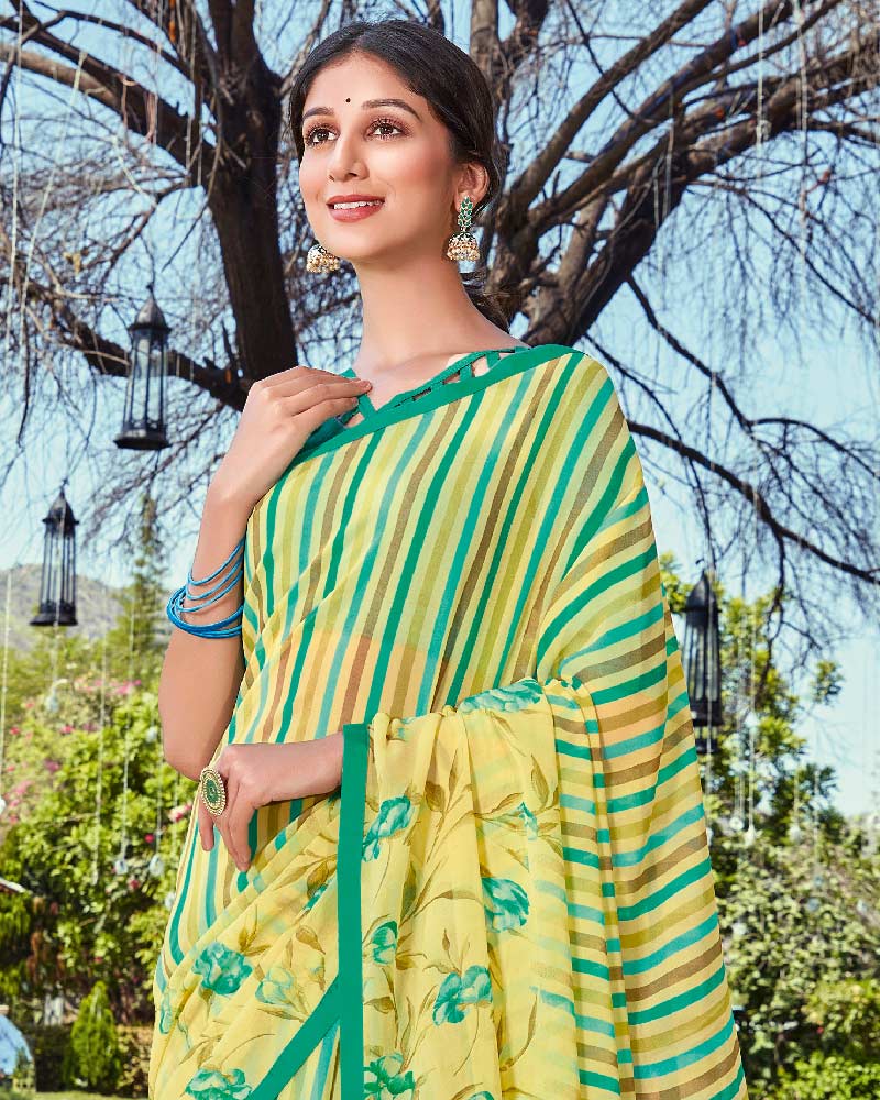 Vishal Prints Pastel Light Green Printed Georgette Saree With Piping