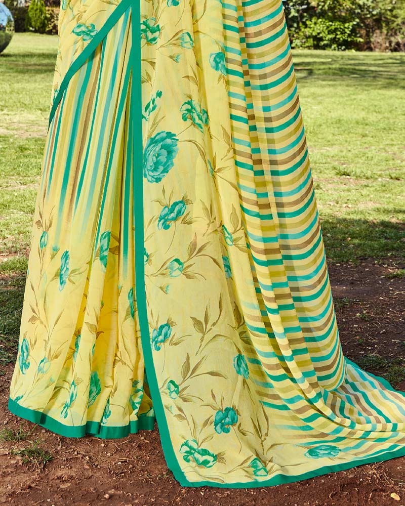 Vishal Prints Pastel Light Green Printed Georgette Saree With Piping