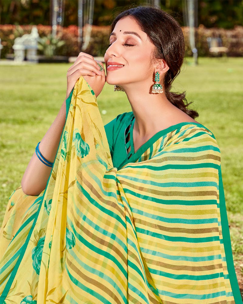 Vishal Prints Pastel Light Green Printed Georgette Saree With Piping