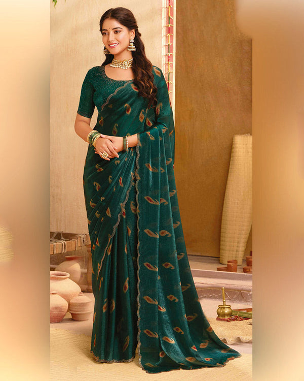 Vishal Prints Bottle Green Designer Fancy Satin-Chiffon Saree With Diamond Work And Cut Work Embroidery Border