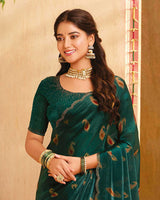 Vishal Prints Bottle Green Designer Fancy Satin-Chiffon Saree With Diamond Work And Cut Work Embroidery Border