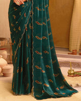 Vishal Prints Bottle Green Designer Fancy Satin-Chiffon Saree With Diamond Work And Cut Work Embroidery Border