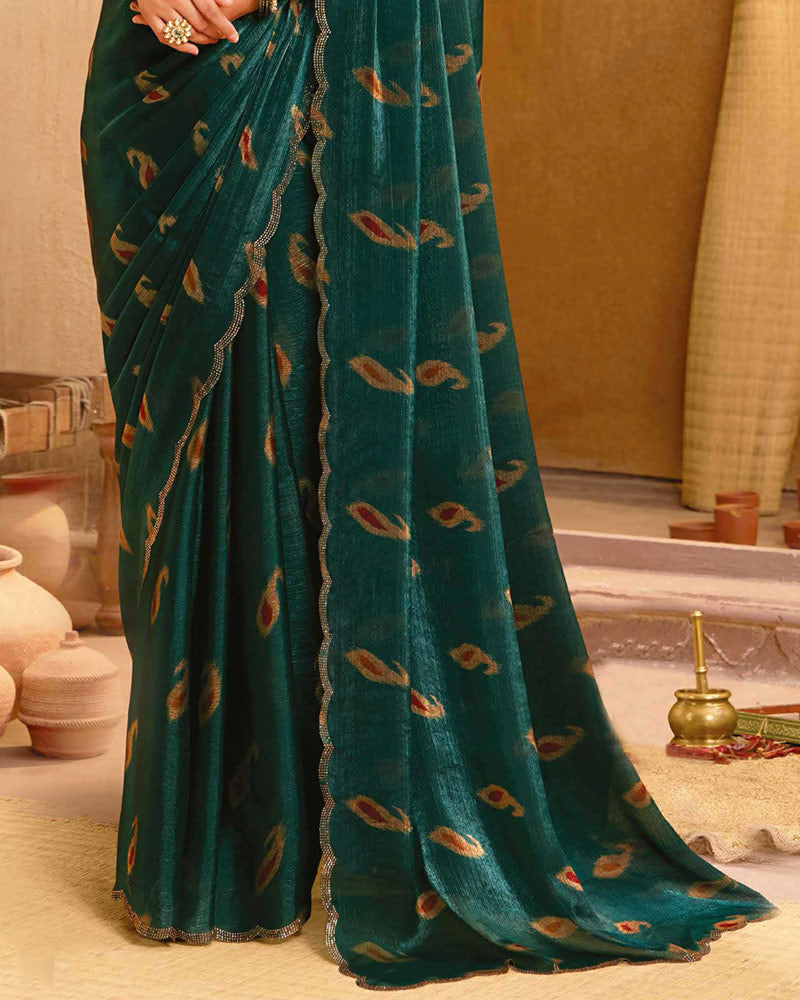 Vishal Prints Bottle Green Designer Fancy Satin-Chiffon Saree With Diamond Work And Cut Work Embroidery Border