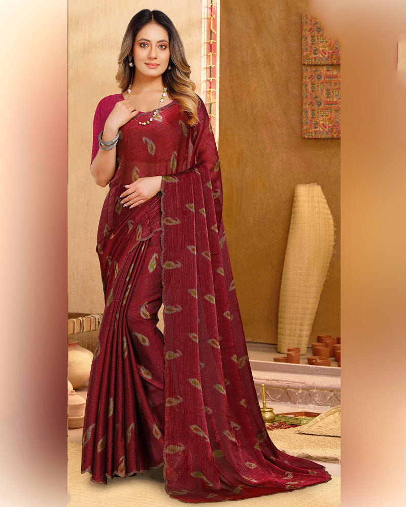 Vishal Prints Dark Maroon Designer Fancy Satin-Chiffon Saree With Diamond Work And Cut Work Embroidery Border