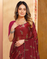 Vishal Prints Dark Maroon Designer Fancy Satin-Chiffon Saree With Diamond Work And Cut Work Embroidery Border