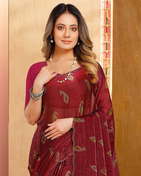 Vishal Prints Dark Maroon Designer Fancy Satin-Chiffon Saree With Diamond Work And Cut Work Embroidery Border