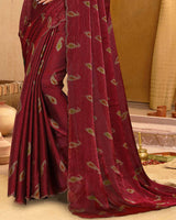 Vishal Prints Dark Maroon Designer Fancy Satin-Chiffon Saree With Diamond Work And Cut Work Embroidery Border