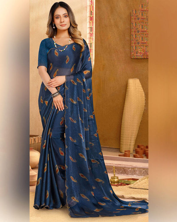 Vishal Prints Dark Ink Blue Designer Fancy Satin-Chiffon Saree With Diamond Work And Cut Work Embroidery Border