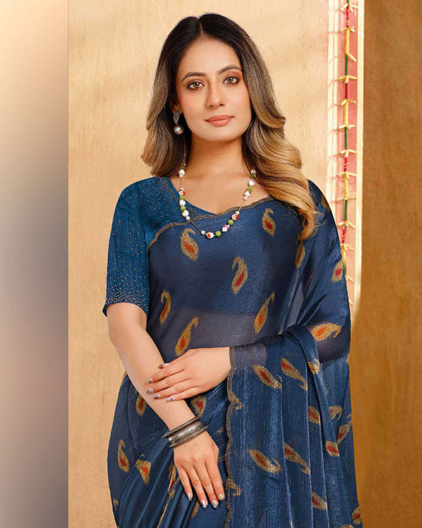 Vishal Prints Dark Ink Blue Designer Fancy Satin-Chiffon Saree With Diamond Work And Cut Work Embroidery Border