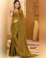 Vishal Prints Yellowish Brown Designer Fancy Satin-Chiffon Saree With Diamond Work And Cut Work Embroidery Border