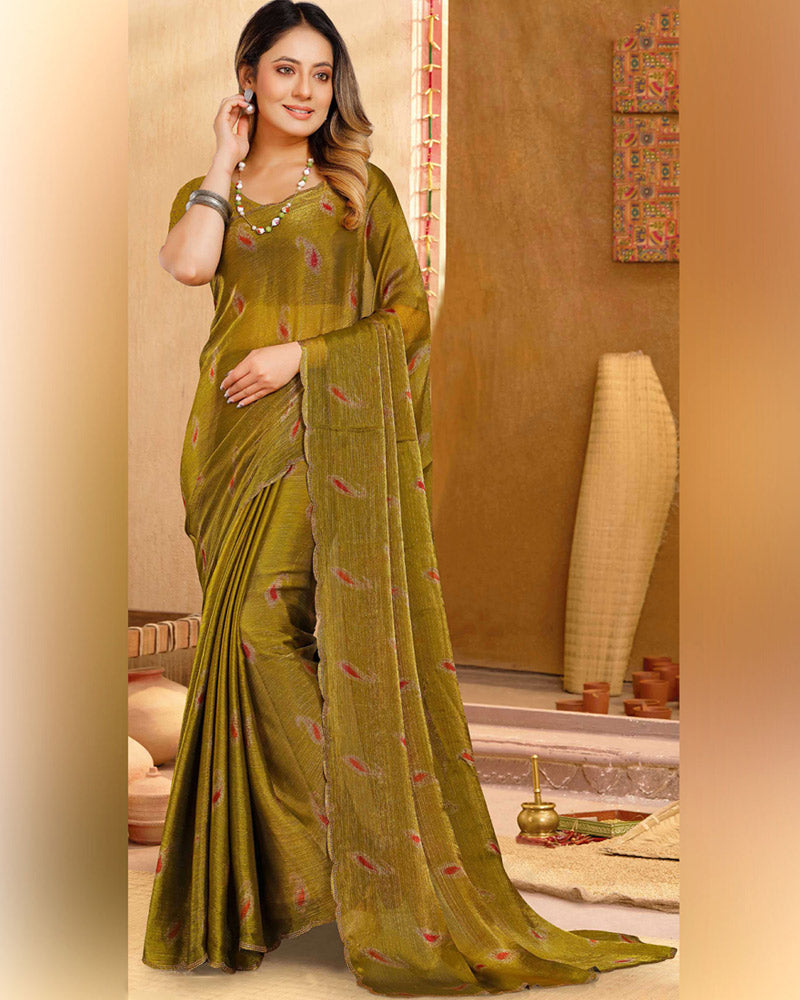Vishal Prints Yellowish Brown Designer Fancy Satin-Chiffon Saree With Diamond Work And Cut Work Embroidery Border