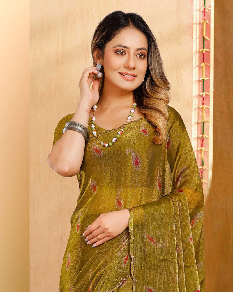 Vishal Prints Yellowish Brown Designer Fancy Satin-Chiffon Saree With Diamond Work And Cut Work Embroidery Border