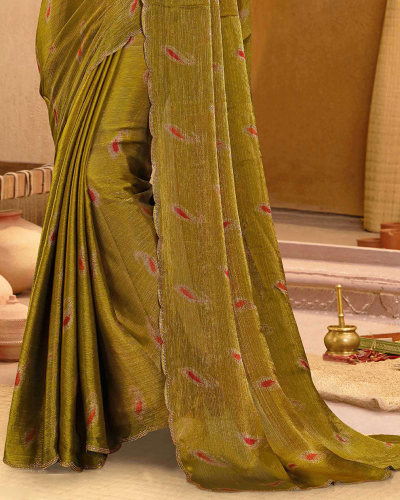 Vishal Prints Yellowish Brown Designer Fancy Satin-Chiffon Saree With Diamond Work And Cut Work Embroidery Border