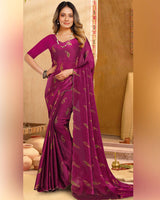 Vishal Prints Dark Magenta Designer Fancy Satin-Chiffon Saree With Diamond Work And Cut Work Embroidery Border