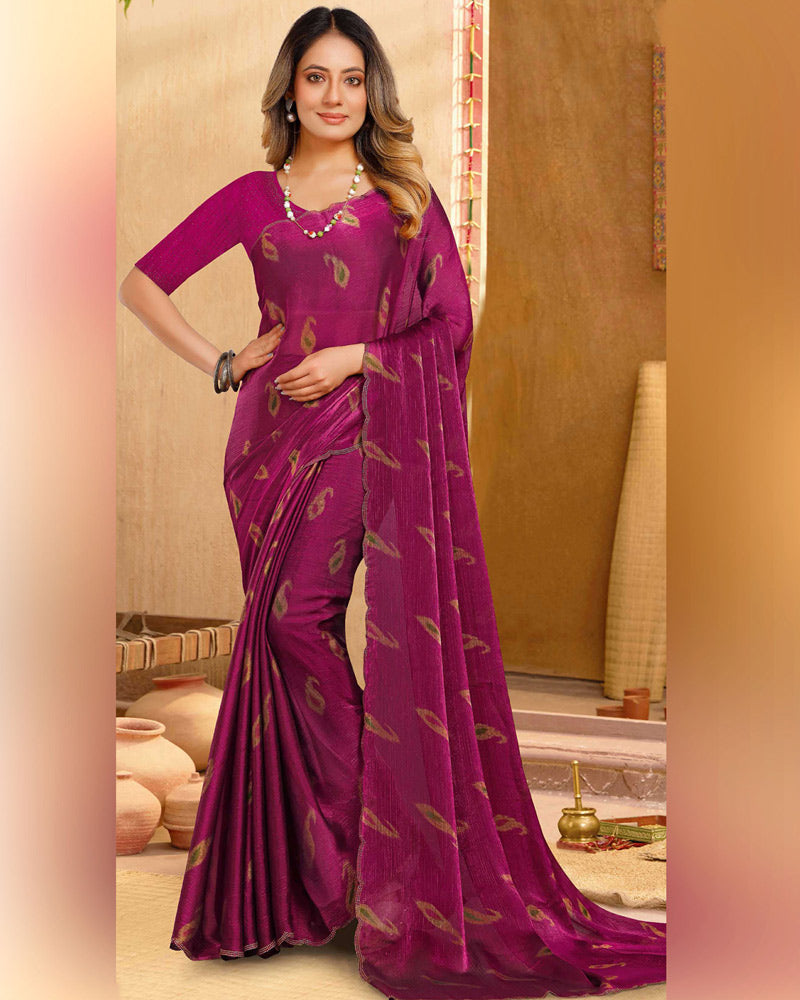 Vishal Prints Dark Magenta Designer Fancy Satin-Chiffon Saree With Diamond Work And Cut Work Embroidery Border