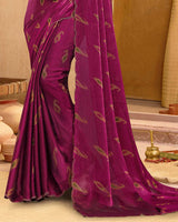 Vishal Prints Dark Magenta Designer Fancy Satin-Chiffon Saree With Diamond Work And Cut Work Embroidery Border