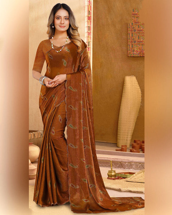 Vishal Prints Rusty Orange Designer Fancy Satin-Chiffon Saree With Diamond Work And Cut Work Embroidery Border
