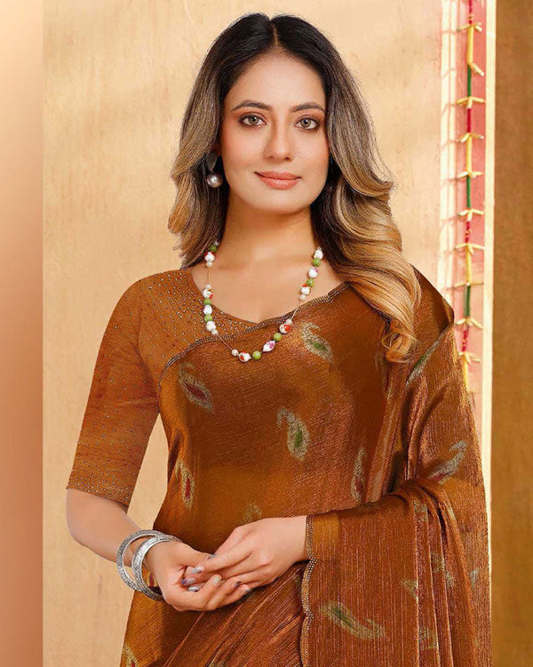 Vishal Prints Rusty Orange Designer Fancy Satin-Chiffon Saree With Diamond Work And Cut Work Embroidery Border