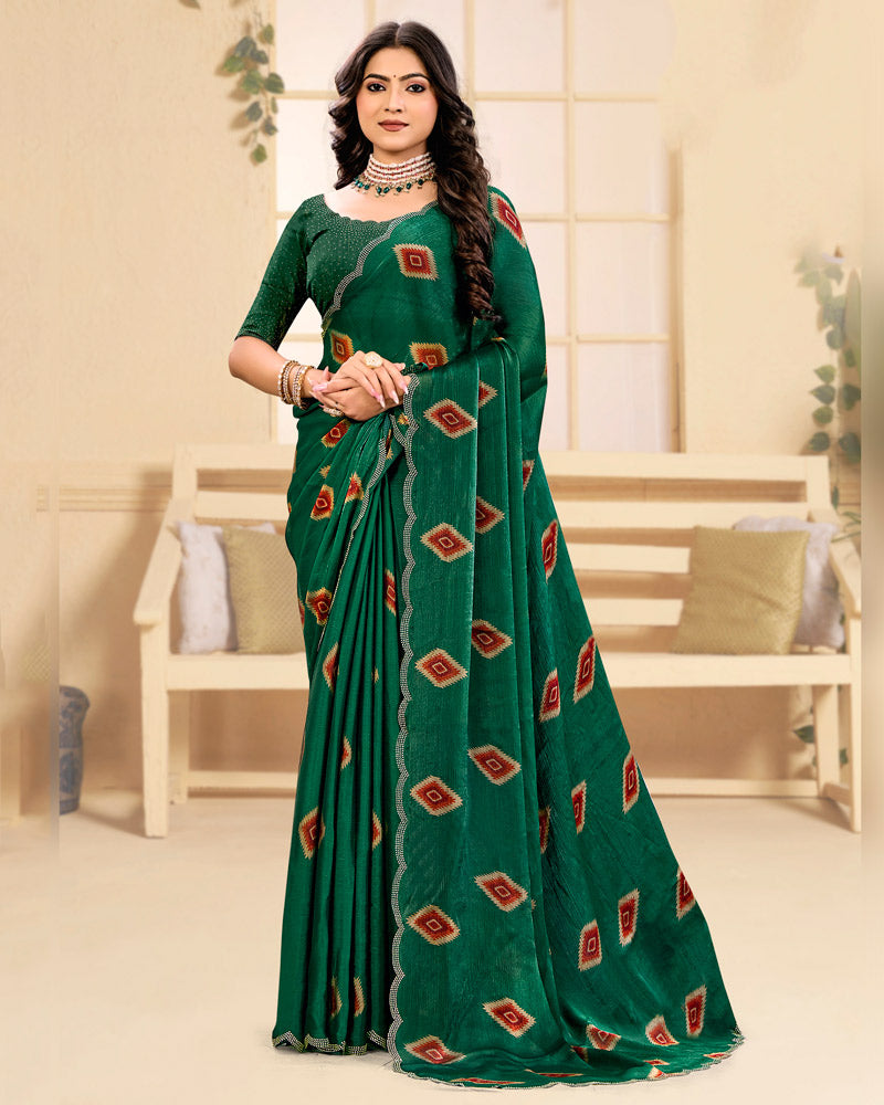 Vishal Prints Bottle Green Designer Satin-Chiffon Printed Saree With Diamond Work And Cut Work Border