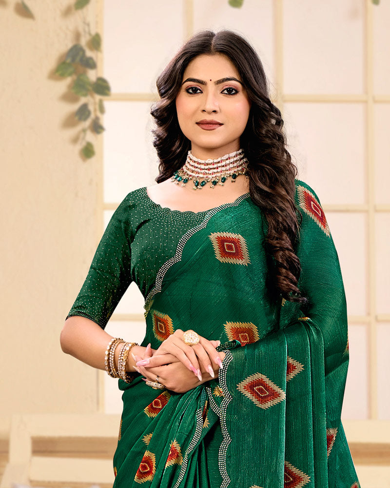 Vishal Prints Bottle Green Designer Satin-Chiffon Printed Saree With Diamond Work And Cut Work Border