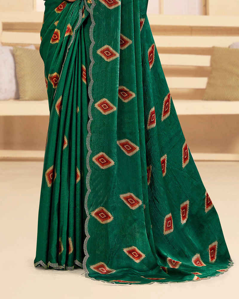 Vishal Prints Bottle Green Designer Satin-Chiffon Printed Saree With Diamond Work And Cut Work Border