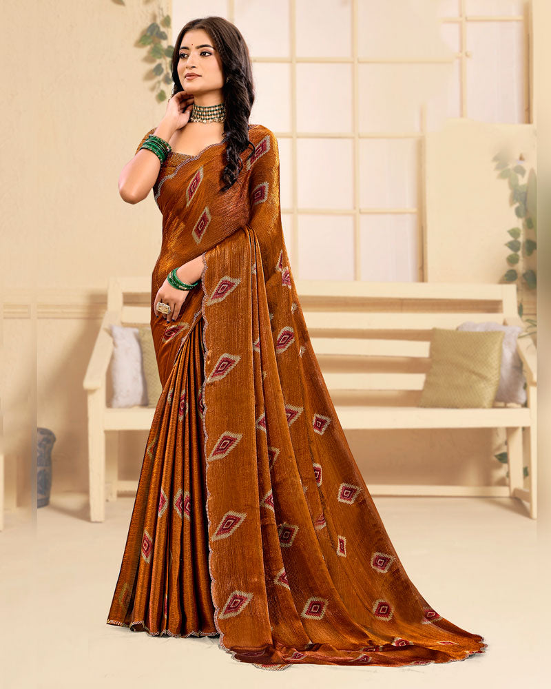 Vishal Prints Rusty Brown Designer Satin-Chiffon Printed Saree With Diamond Work And Cut Work Border