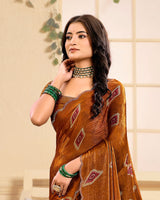 Vishal Prints Rusty Brown Designer Satin-Chiffon Printed Saree With Diamond Work And Cut Work Border
