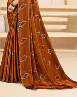 Vishal Prints Rusty Brown Designer Satin-Chiffon Printed Saree With Diamond Work And Cut Work Border