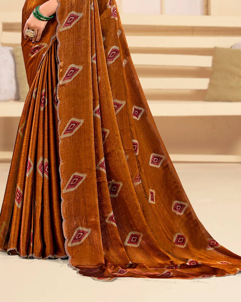 Vishal Prints Rusty Brown Designer Satin-Chiffon Printed Saree With Diamond Work And Cut Work Border