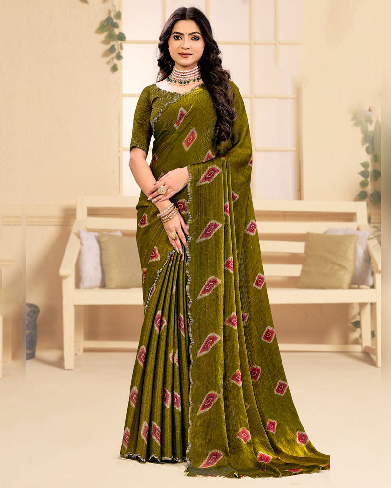 Vishal Prints Olive Brown Designer Satin-Chiffon Printed Saree With Diamond Work And Cut Work Border