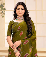 Vishal Prints Olive Brown Designer Satin-Chiffon Printed Saree With Diamond Work And Cut Work Border