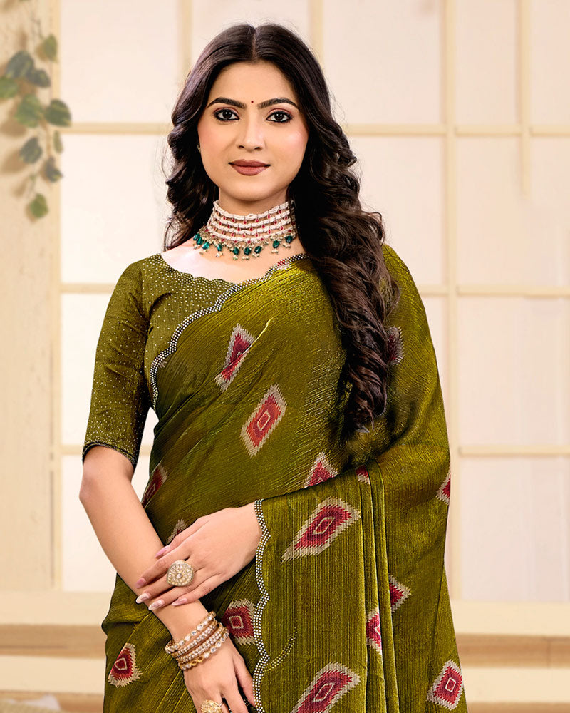 Vishal Prints Olive Brown Designer Satin-Chiffon Printed Saree With Diamond Work And Cut Work Border