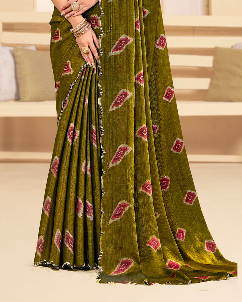 Vishal Prints Olive Brown Designer Satin-Chiffon Printed Saree With Diamond Work And Cut Work Border