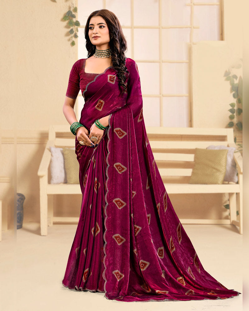 Vishal Prints Red Purple Designer Satin-Chiffon Printed Saree With Diamond Work And Cut Work Border
