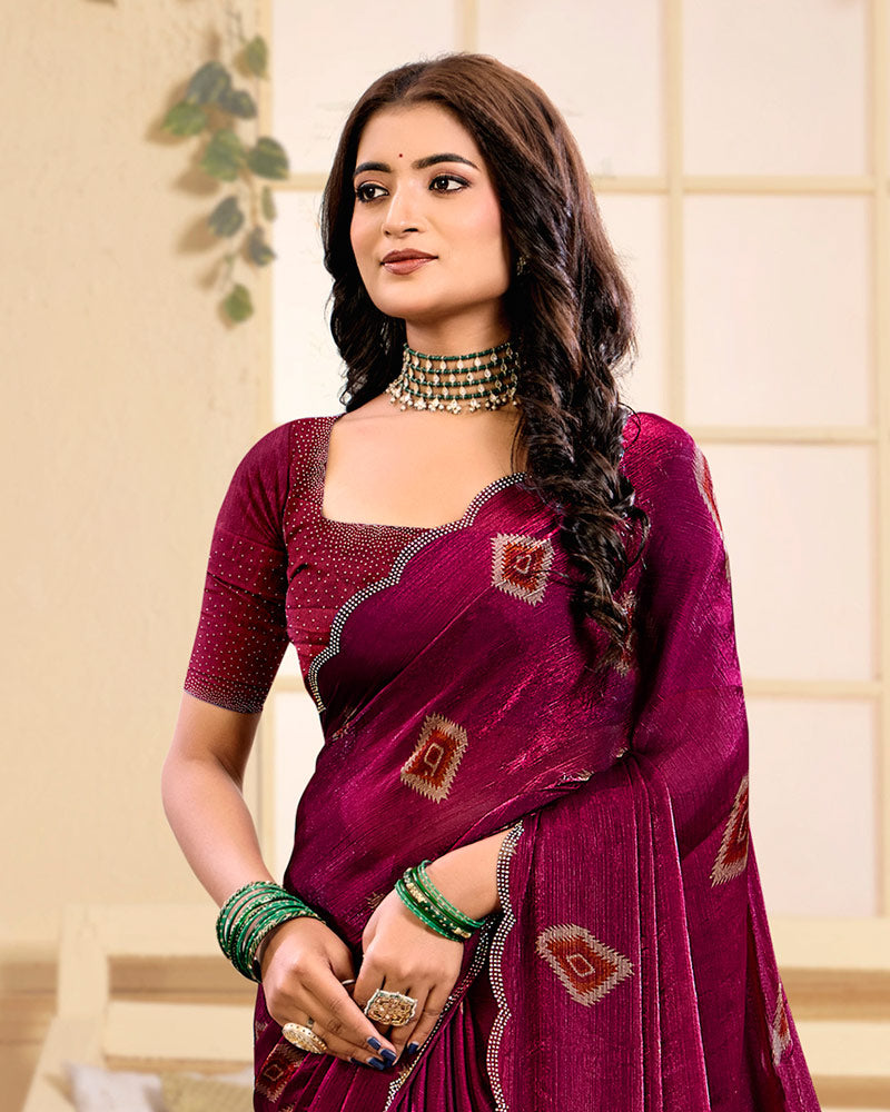 Vishal Prints Red Purple Designer Satin-Chiffon Printed Saree With Diamond Work And Cut Work Border