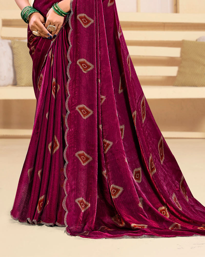 Vishal Prints Red Purple Designer Satin-Chiffon Printed Saree With Diamond Work And Cut Work Border