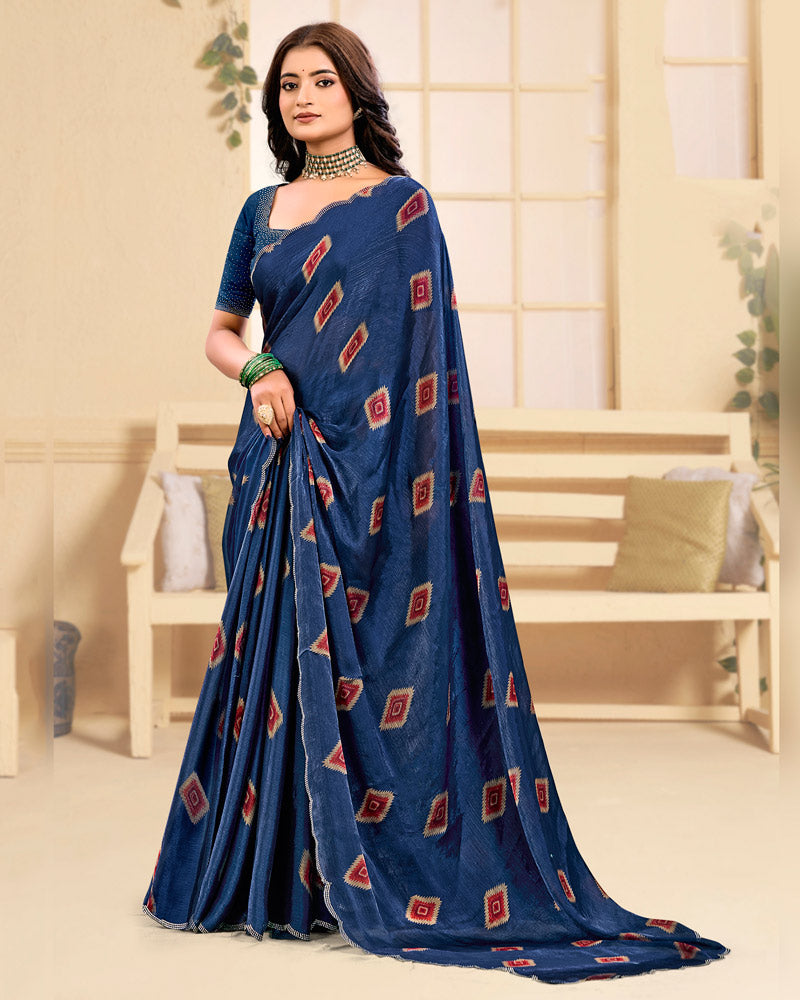 Vishal Prints Royal Blue Designer Satin-Chiffon Printed Saree With Diamond Work And Cut Work Border