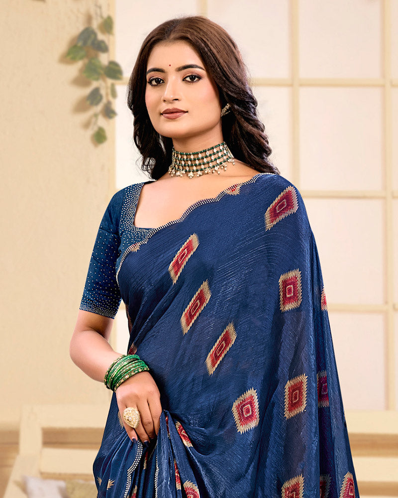 Vishal Prints Royal Blue Designer Satin-Chiffon Printed Saree With Diamond Work And Cut Work Border