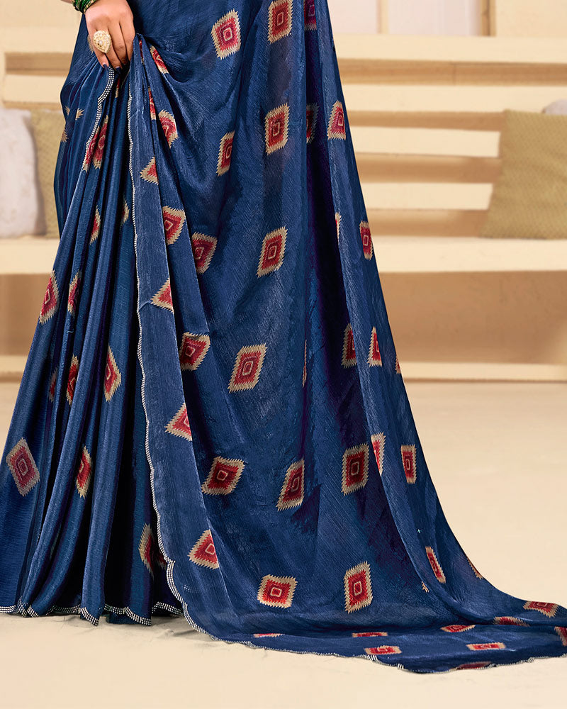 Vishal Prints Royal Blue Designer Satin-Chiffon Printed Saree With Diamond Work And Cut Work Border