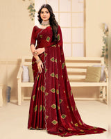 Vishal Prints Brick Red Designer Satin-Chiffon Printed Saree With Diamond Work And Cut Work Border