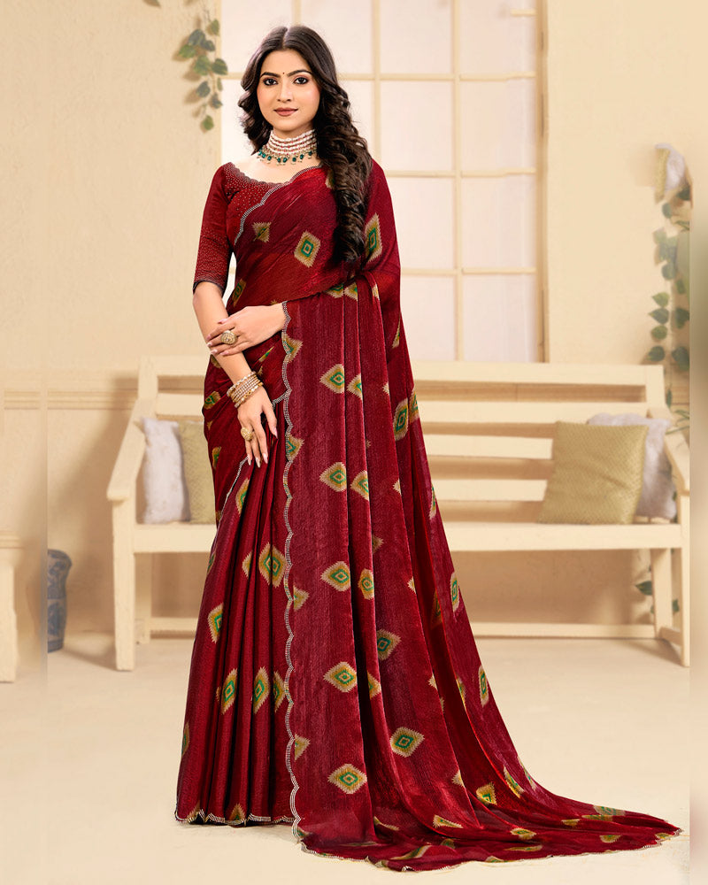 Vishal Prints Brick Red Designer Satin-Chiffon Printed Saree With Diamond Work And Cut Work Border