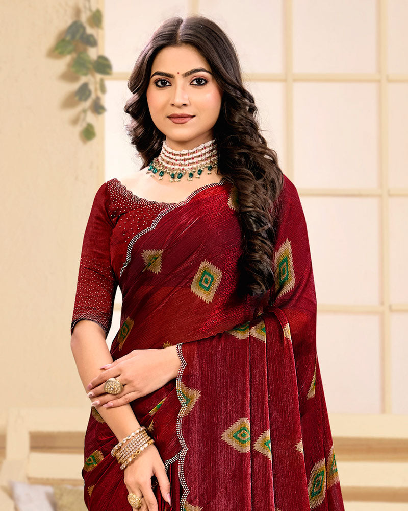 Vishal Prints Brick Red Designer Satin-Chiffon Printed Saree With Diamond Work And Cut Work Border