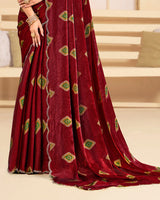 Vishal Prints Brick Red Designer Satin-Chiffon Printed Saree With Diamond Work And Cut Work Border