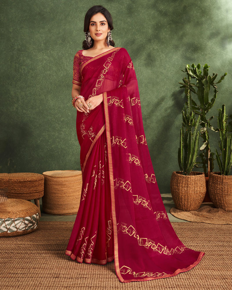 Vishal Prints Burgundy Printed Chiffon Saree With Foil Print And Zari Border