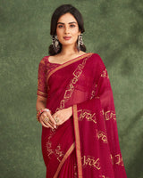 Vishal Prints Burgundy Printed Chiffon Saree With Foil Print And Zari Border