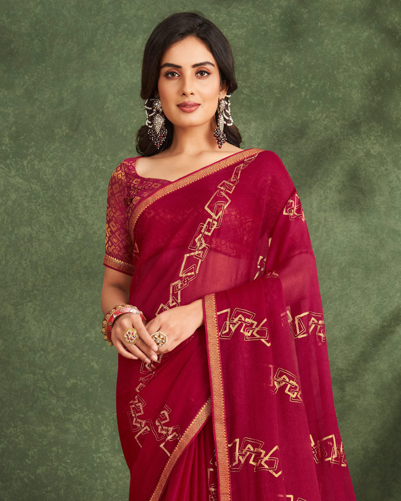 Vishal Prints Burgundy Printed Chiffon Saree With Foil Print And Zari Border