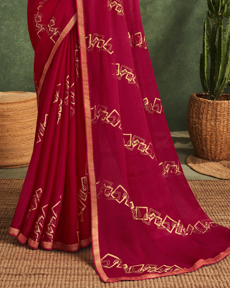 Vishal Prints Burgundy Printed Chiffon Saree With Foil Print And Zari Border