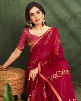 Vishal Prints Burgundy Printed Chiffon Saree With Foil Print And Zari Border